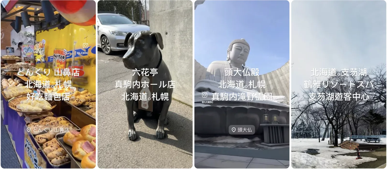 どんぐり麵包、六花亭、頭大仏與遊客中心拼貼