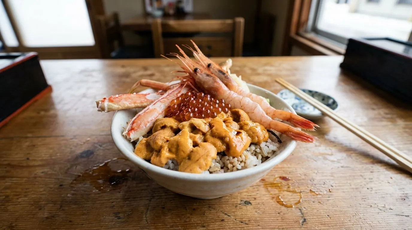 牡丹蝦、蟹腳、海膽與鮭魚卵海鮮丼
