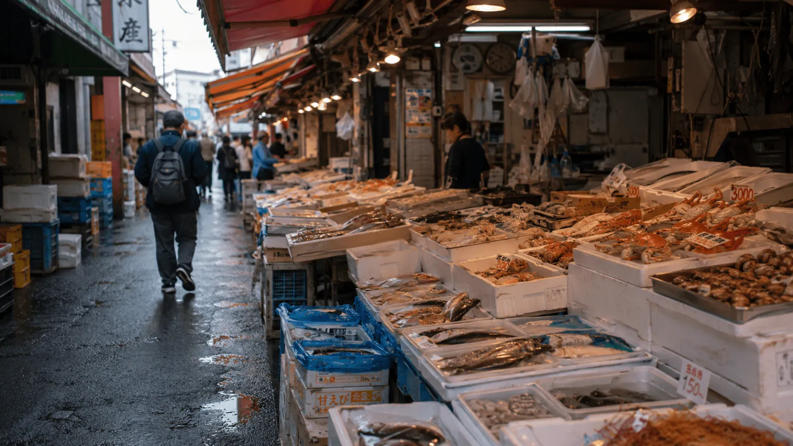 二條市場鮮魚攤與旅人背影